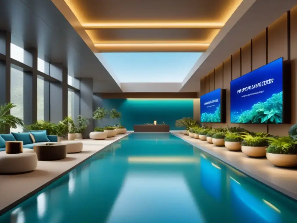 Lobby futurista en resort vacacional: lujo minimalista y tecnología AI Un lobby futurista en un resort vacacional con Inteligencia Artificial en mercado inmobiliario