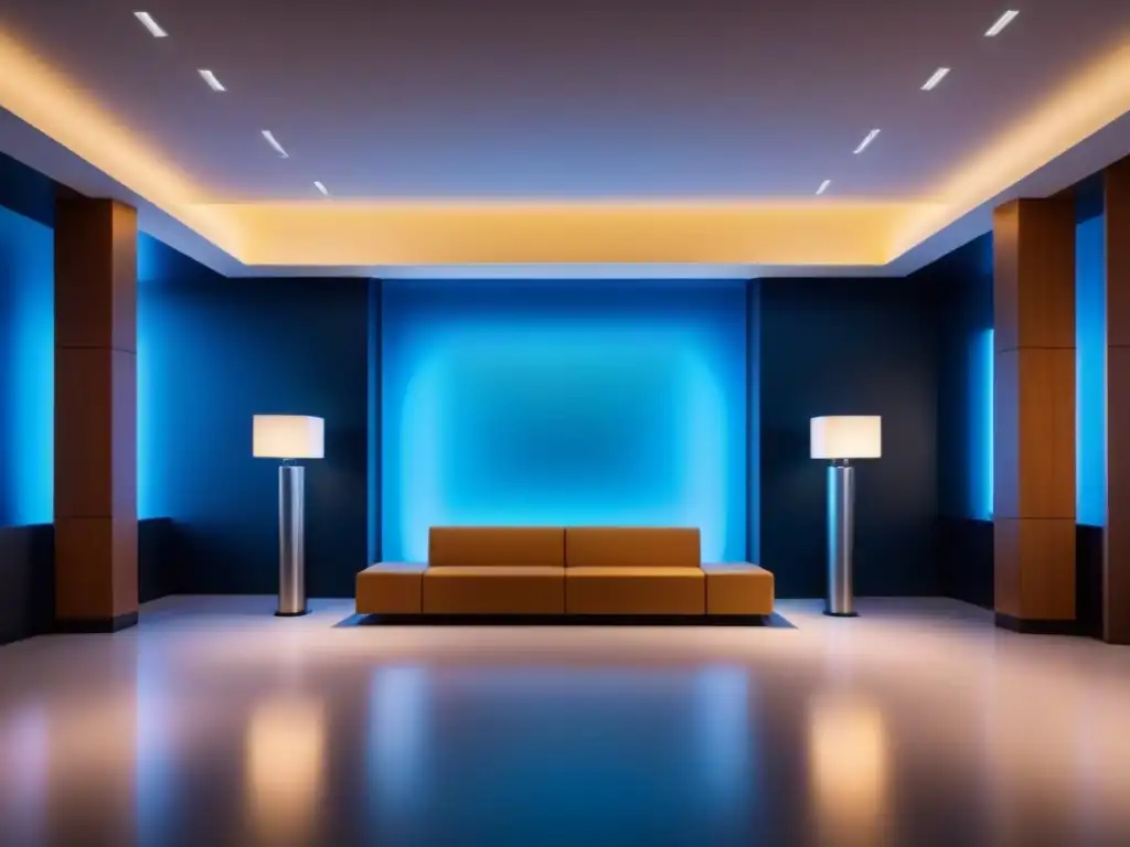 Hotel del futuro: lobby innovador con tecnología holográfica y robots AI Un lobby de hotel futurista con tecnología de vanguardia, robots y luces azules, ideal para fidelización clientes huéspedes internacionales