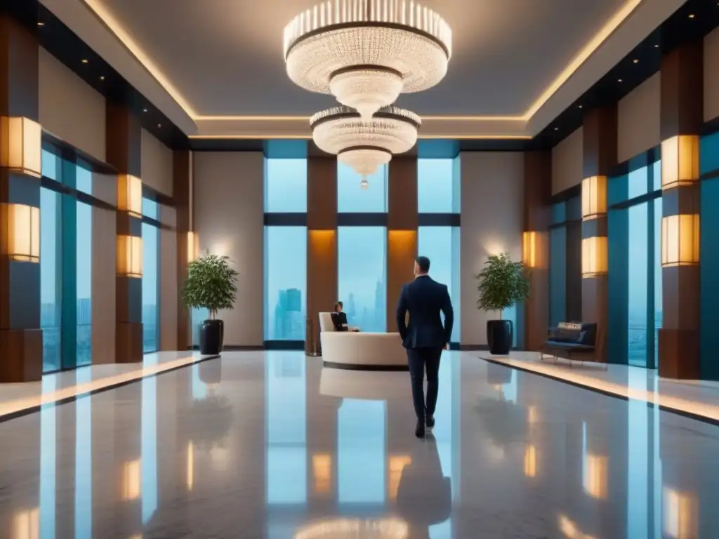 Hotel de lujo: lobby moderno con vistas urbanas y elegancia global Un lobby de hotel lujoso y moderno con suelo de mármol, muebles contemporáneos y un majestuoso candelabro colgando del techo alto