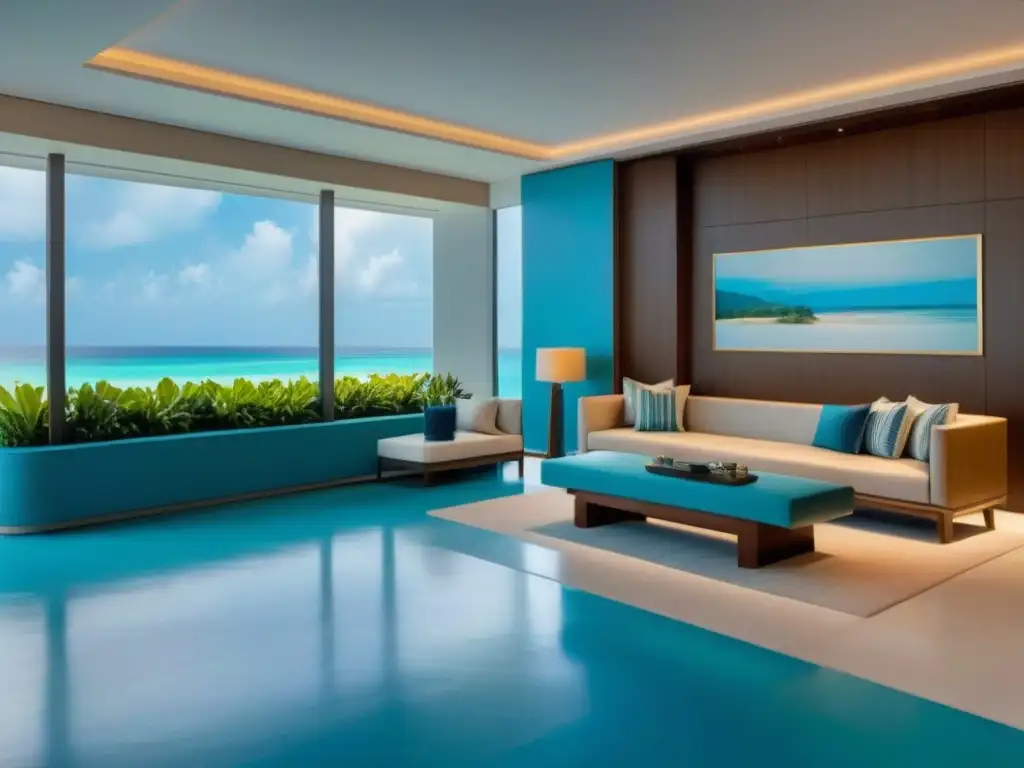 Recepción de hotel de lujo con vista a la playa Un lobby de hotel moderno y lujoso con muebles elegantes, una recepción sofisticada y vistas a una playa tropical