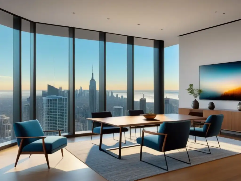Oficina inmobiliaria moderna y exitosa con vista a la ciudad Un lobby inmobiliario moderno con profesionales en reunión