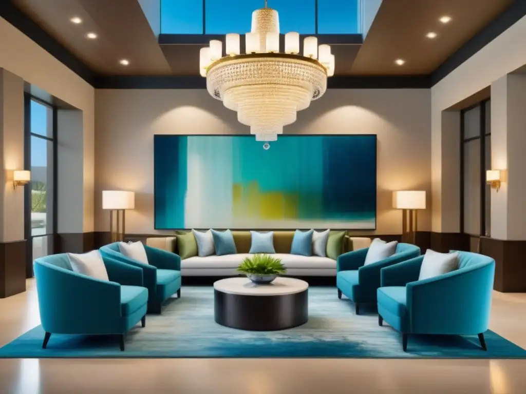 Lobby de resort de lujo: elegancia y exclusividad Un lobby lujoso y moderno con muebles contemporáneos, una gran araña y una obra de arte