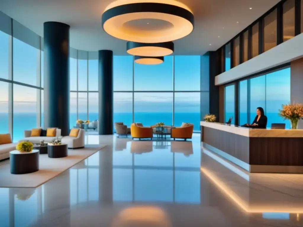 Exclusivo lobby de resort moderno con vista al mar Un lobby lujoso y moderno de un resort, con suelos de mármol, muebles contemporáneos y vistas al mar