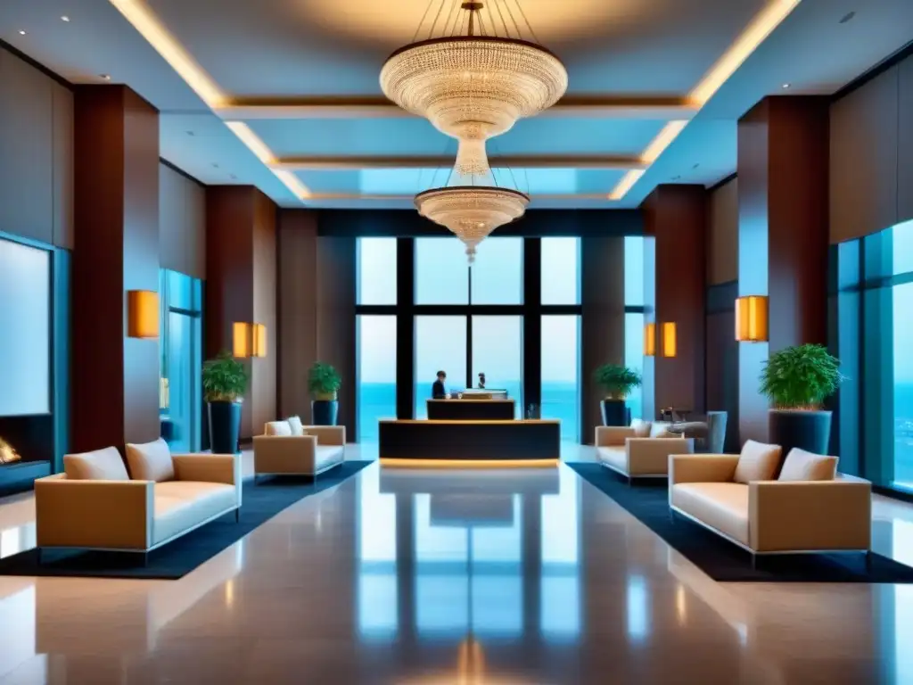 Recepción de resort de lujo: sofisticación y relajación Un lobby de lujoso resort moderno con suelos de mármol, candelabro colgando del techo alto y elegantes mostradores de conserjería