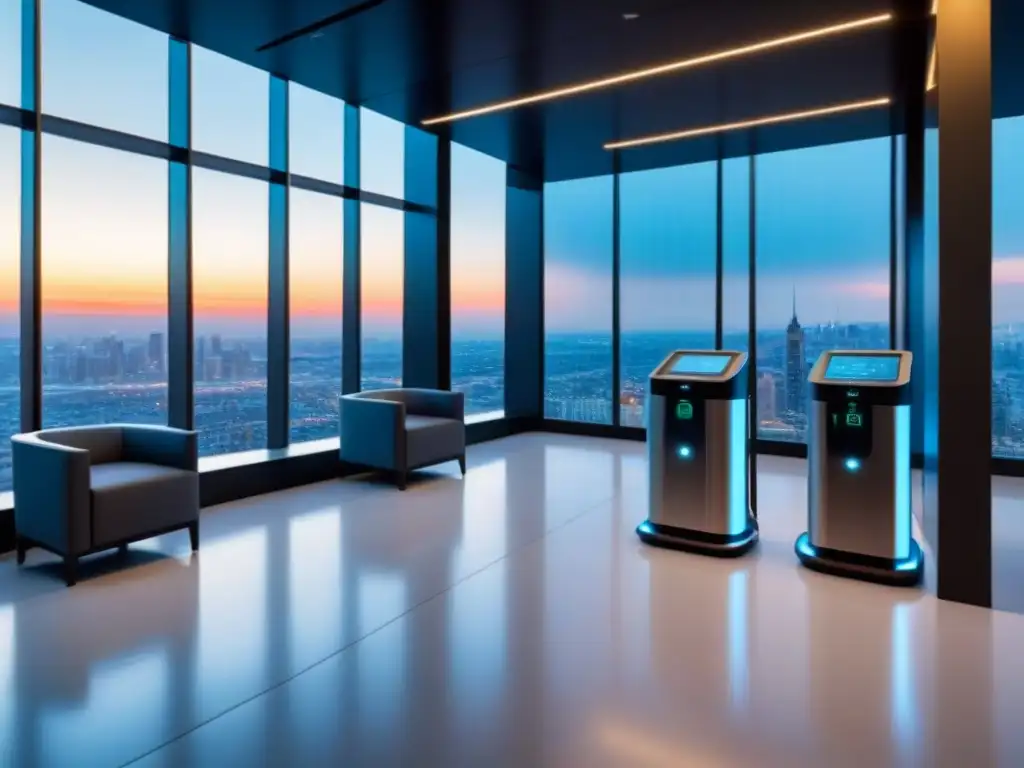 Recepción futurista: Eficiencia y automatización en gestión de propiedades Lobby moderno de edificio de oficinas con automatización administración propiedades inmobiliarias