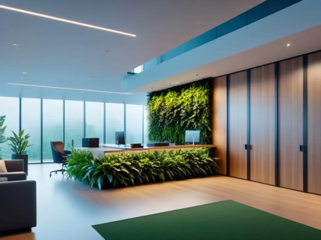 Oficina moderna con elementos biófilos: diseño elegante y bienestar Un lobby moderno con elementos biófilos, luz natural y muebles ergonómicos