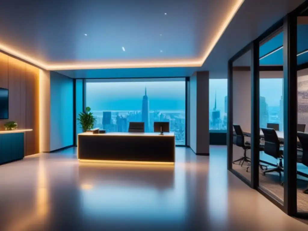 Recepción PropTech de lujo: innovación y seguridad en el diseño Un lobby moderno y lujoso con tecnología futurista integrada, reflejando la seguridad en el mercado inmobiliario