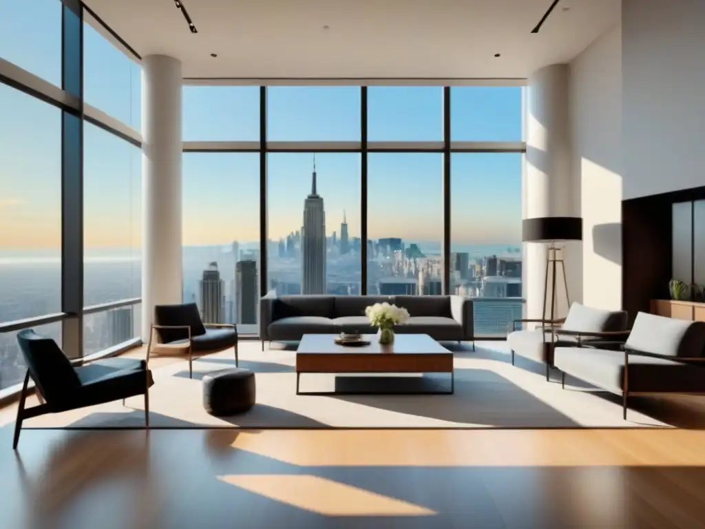 Oficina inmobiliaria moderna con vista a la ciudad Un lobby moderno de oficina inmobiliaria con vista a la ciudad y KPIs marketing influencer bienes raíces