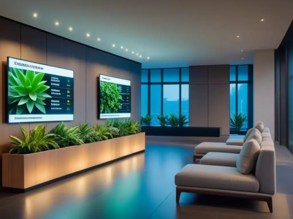 Vanguardia tecnológica en un lobby de apartamentos moderno Un lobby moderno con pantalla táctil y relaciones con inquilinos en digital