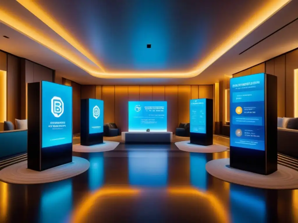 Resort de lujo con arte digital blockchain: opulencia y tecnología Un lobby de resort de lujo con arte digital inspirado en blockchain y quioscos de pago futuristas, integrando tecnología en resorts de lujo
