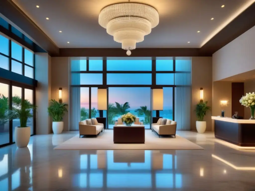 Exclusivo lobby de resort de lujo con candelabro de cristal Un lobby de resort de lujo en intercambio de tiempo compartido, iluminado con elegancia y exclusividad