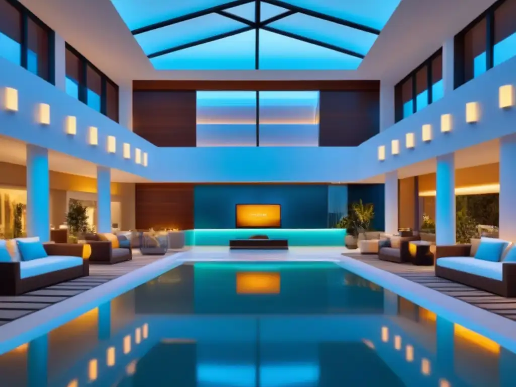 Resort de lujo: IA personalizada y tecnología futurista Un lobby de resort de lujo con servicios de IA, innovación y sofisticación en el mercado inmobiliario