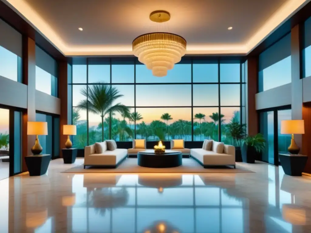 Exclusivo lobby de resort de lujo: mármol, arte contemporáneo y elegancia Un lobby de resort de lujo con suelo de mármol, arte contemporáneo y un imponente candelabro
