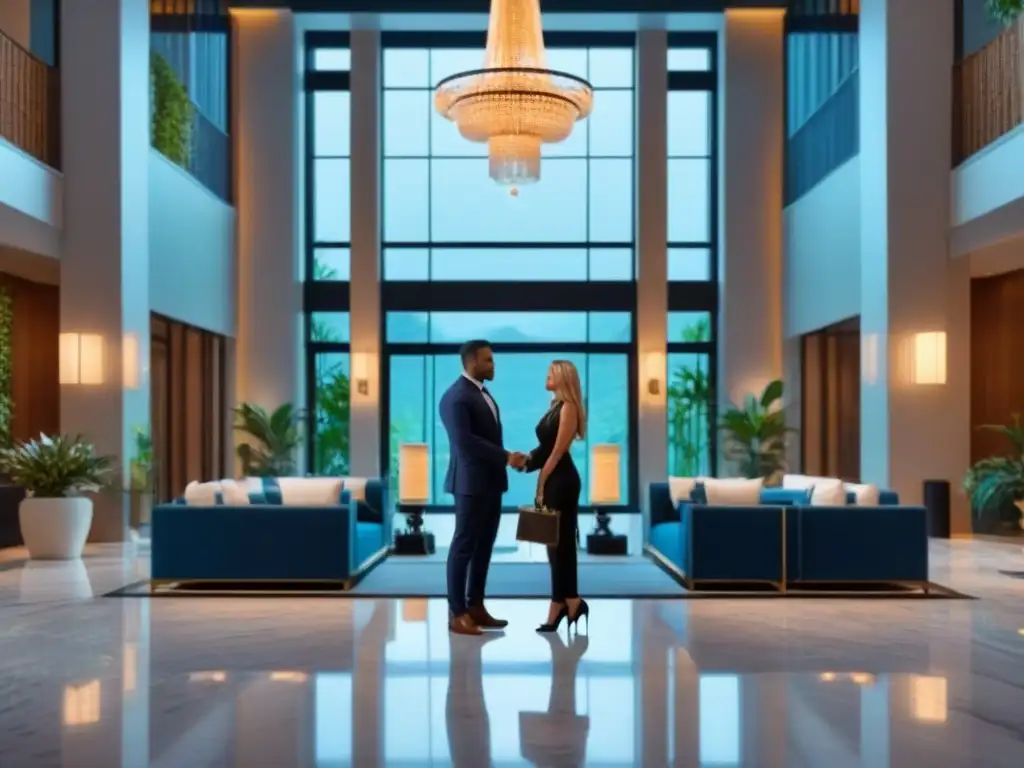 Elegante lobby de resort con chandelier y piscina tropical Lobby de resort de lujo con suelos de mármol, muebles elegantes y candelabro impresionante