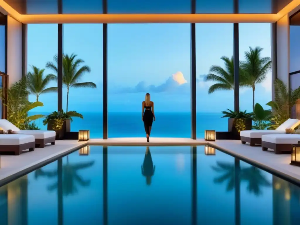 Hotel de lujo con tecnología innovadora y elegancia Un lobby de resort de lujo con tecnología avanzada, elegantes vacacionistas, hologramas y una infinity pool