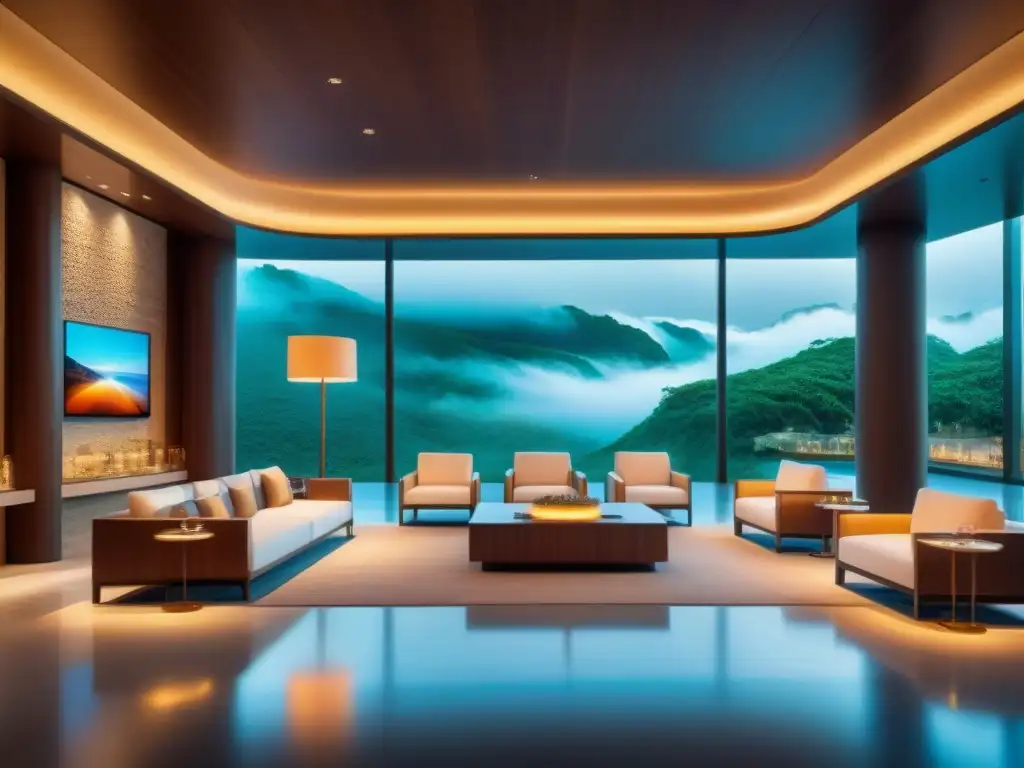 Lobby de resort de lujo: innovación y elegancia tech Un lobby de resort de lujo con tecnología avanzada, fusionando lujo e innovación
