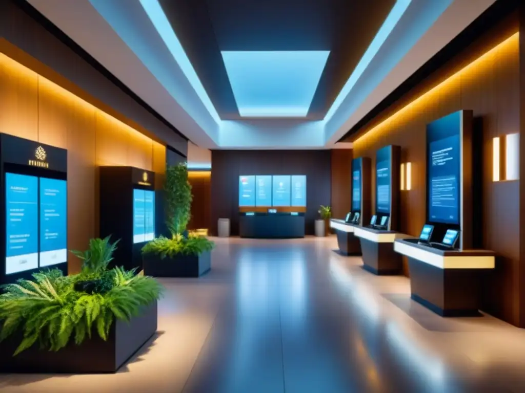 Recepción de resort moderno y lujoso con tecnología integrada Un lobby de resort de lujo con tecnología integrada, invitando a los huéspedes a vivir la experiencia de 'Tecnología en resorts de lujo'