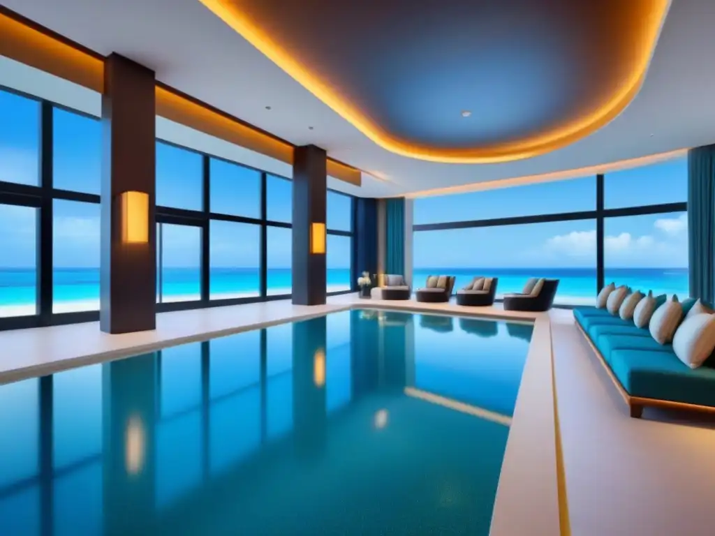 Resort de lujo con tecnología innovadora y vistas al mar Un lobby de resort de lujo con tecnología avanzada, kioscos automatizados y pantallas digitales interactivas