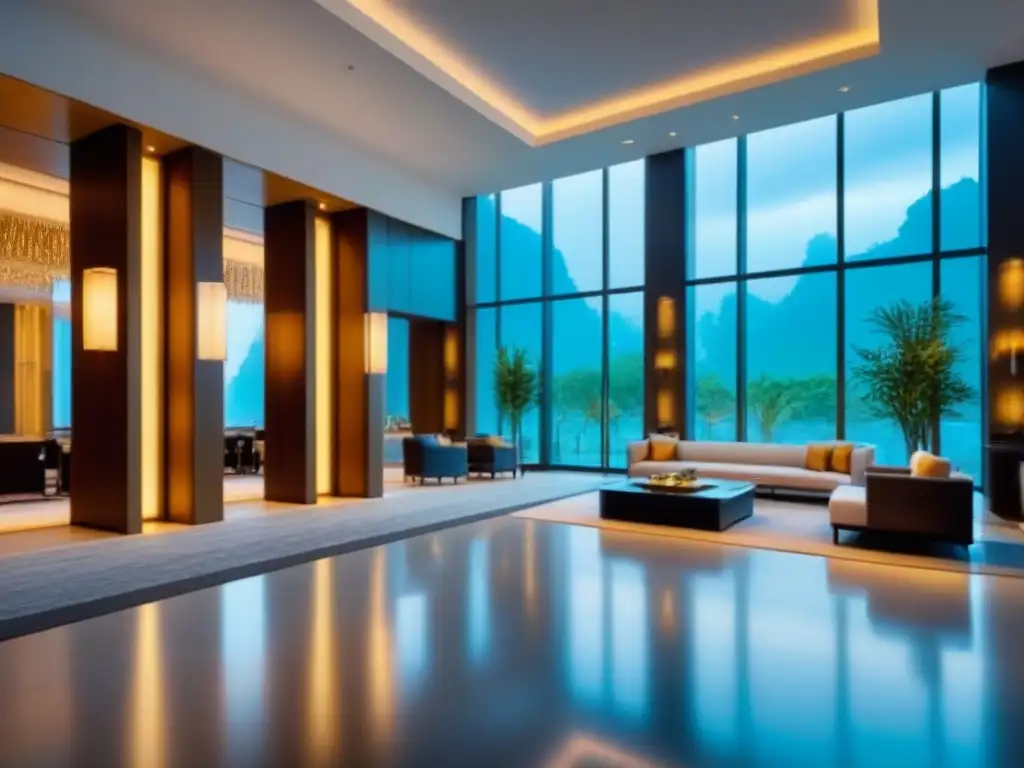 Recepción de resort moderno con tecnología integrada Un lobby de resort moderno y lujoso con tecnología integrada, gestión del tiempo compartido y confort