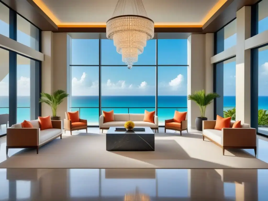Exclusivo lobby de resort moderno en la playa Un lobby de resort moderno y lujoso con vistas a la playa tropical, ideal para la fidelización de clientes de tiempo compartido