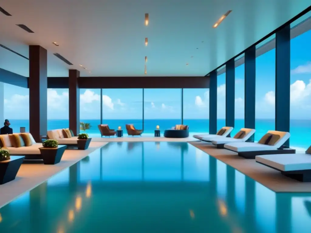 Recepción futurista en resort de lujo frente al mar turquesa Un lobby de resort moderno y lujoso con vistas al océano turquesa, elegante y sofisticado