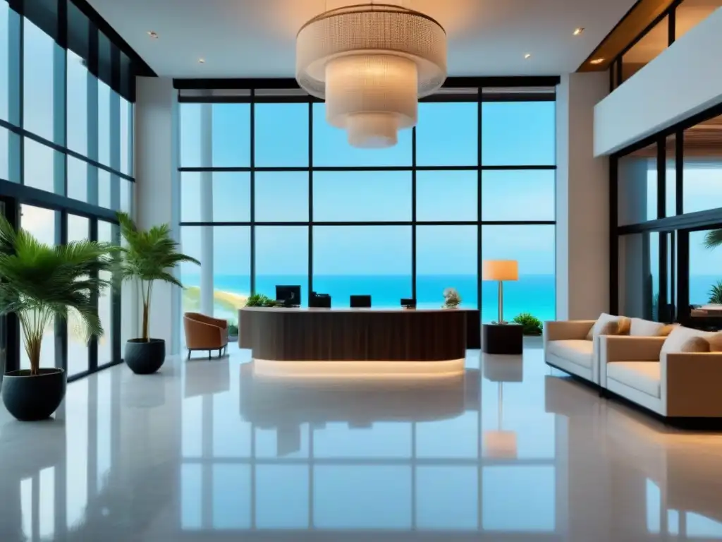 Exclusivo lobby de resort: lujo y seguridad en inversiones internacionales Un lobby de resort moderno y lujoso con vista a la playa, muebles contemporáneos y plantas exuberantes