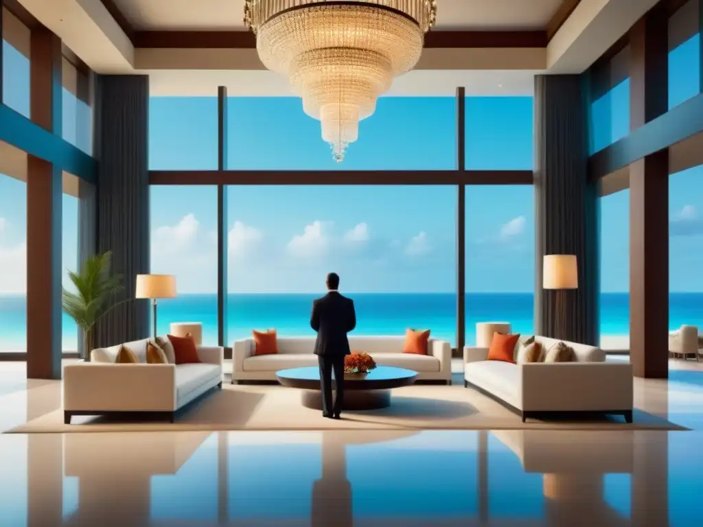 Exclusivo lobby de resort con vista a la playa Un lobby de resort moderno y lujoso con diseño elegante, vista a la playa y atención personalizada a inversores internacionales