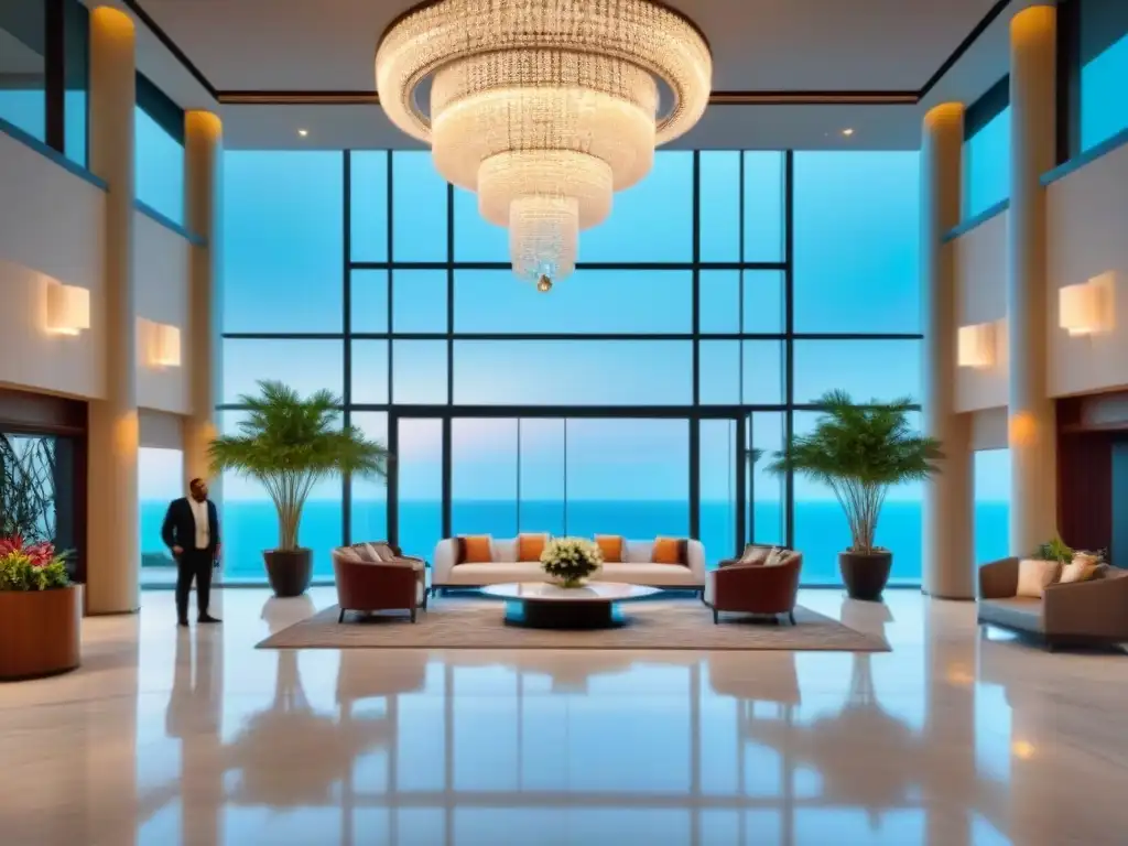 Exclusivo lobby de resort moderno con vista al mar Un lobby de resort moderno y lujoso con una vista al mar impresionante, decorado elegantemente