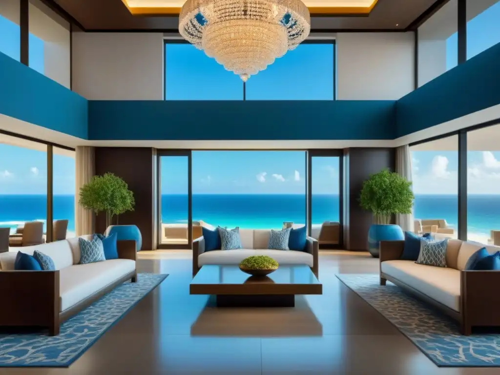 Exclusivo lobby de resort de lujo con vista al mar Un lobby de resort moderno y lujoso con vista al mar, mobiliario elegante y exclusividad
