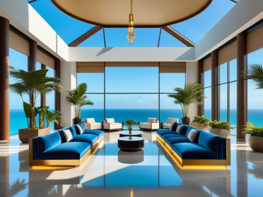 Recepción de lujo en resort: sofisticación y elegancia frente al mar Un lobby de resort de tiempo compartido de lujo con elegante decoración moderna y vista a la piscina infinita del océano