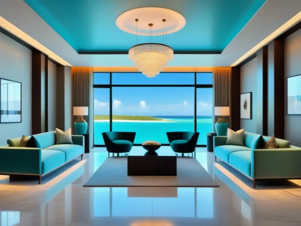 Moderno lobby de resort de lujo con vista al mar turquesa Un lobby de resort de tiempo compartido de lujo con diseño contemporáneo y vistas al océano turquesa