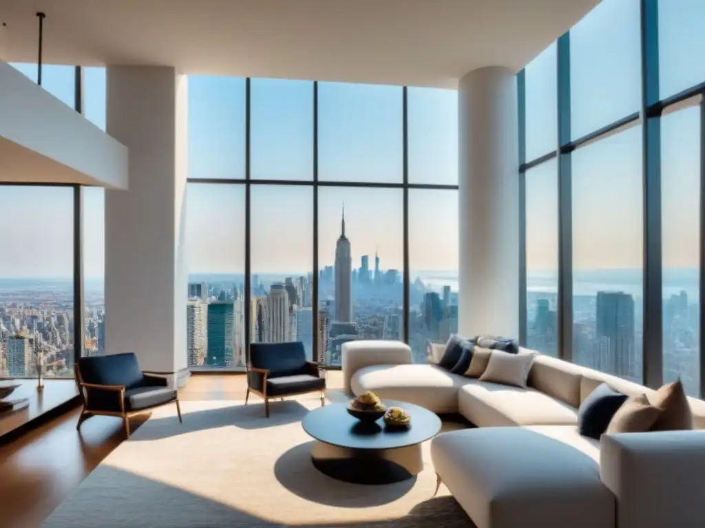 Loft moderno de lujo con vista panorámica en la ciudad Un loft moderno y lujoso con vista panorámica a la ciudad, decoración contemporánea y ambiente cálido