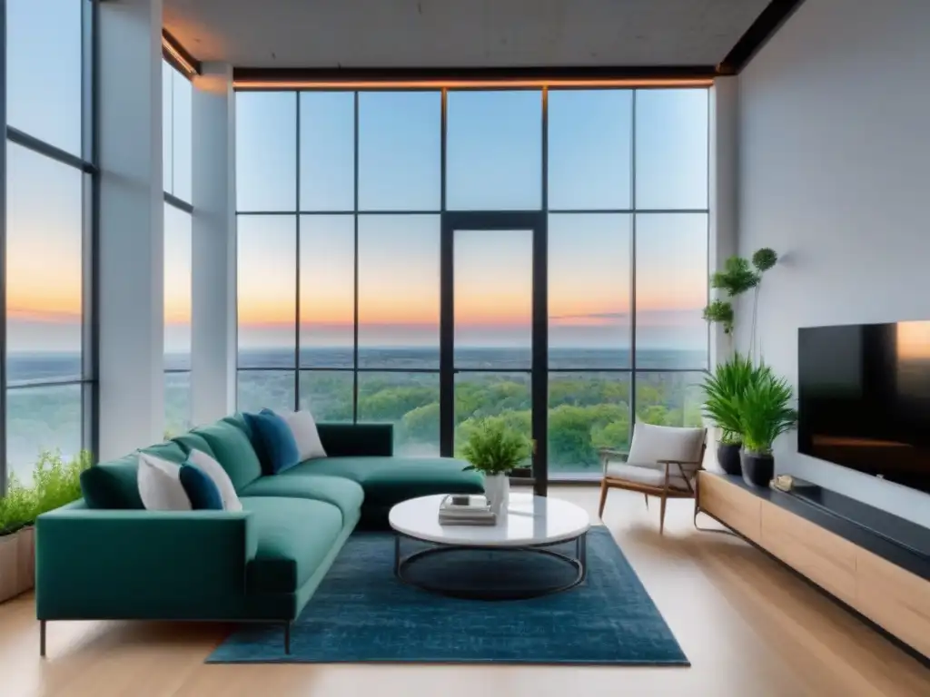 Loft moderno y luminoso con vistas panorámicas de la ciudad Un loft moderno con ventanales de piso a techo, mobiliario minimalista y toques de naturaleza