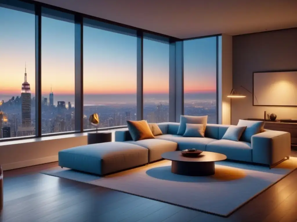 Loft moderno de lujo con vista a la ciudad al atardecer Un loft moderno con vista a la ciudad al atardecer, elegante y acogedor