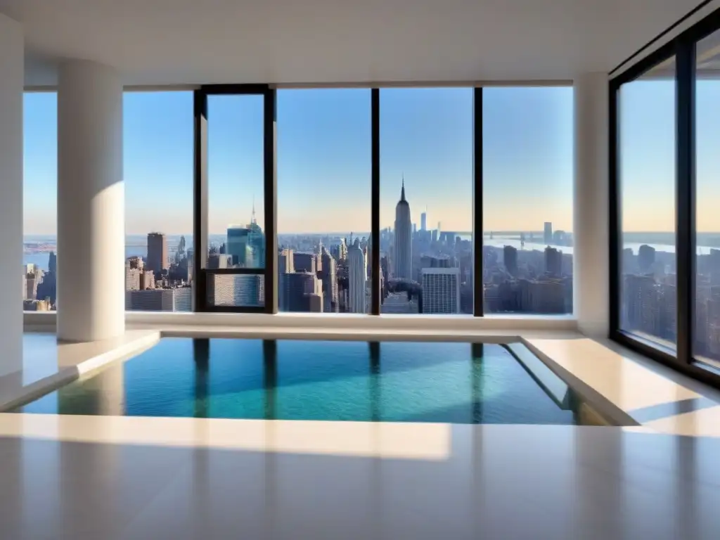 Loft de lujo en Nueva York: diseño moderno y vistas impresionantes Invertir en lofts de lujo en Nueva York: vista aérea de loft elegante con ventanales, diseño moderno y lujosas amenidades