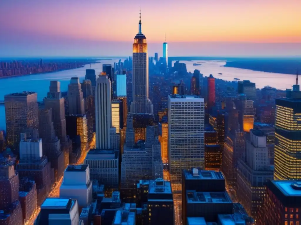 Esplendor nocturno: lujo y modernidad en el skyline de Nueva York Invertir en lofts de lujo en el icónico skyline de Nueva York al anochecer, con rascacielos brillantes y el río Hudson reflejando el sol