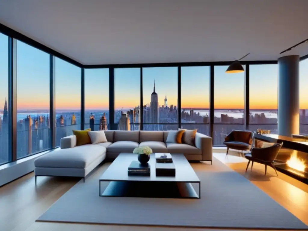 Loft de lujo en Manhattan: diseño elegante y vistas impresionantes Invertir en lofts de lujo en Manhattan con vista al skyline de Nueva York, mobiliario elegante y arte moderno
