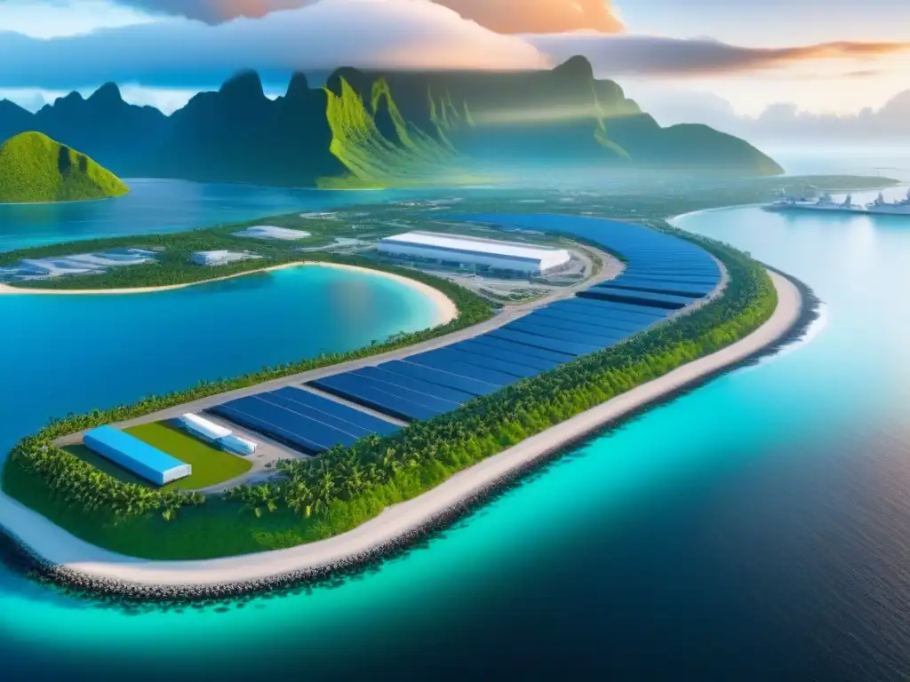 Logística de lujo en isla privada: eficiencia y tecnología avanzada Logística en islas privadas innovadoras: Vista aérea detallada de una isla privada de lujo con operaciones logísticas avanzadas