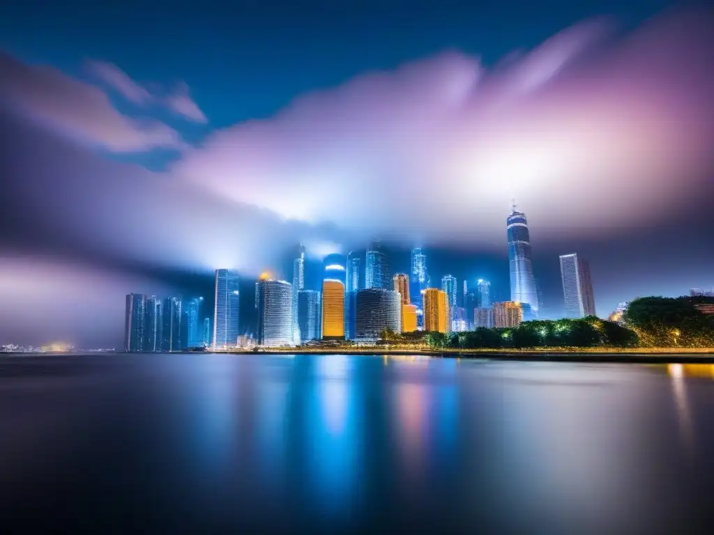 Horizonte urbano nocturno: luces y rascacielos en un río sereno Las luces brillantes de la ciudad moderna de noche reflejadas en el río transmiten la esencia de fusiones inmobiliarias y Due Diligence