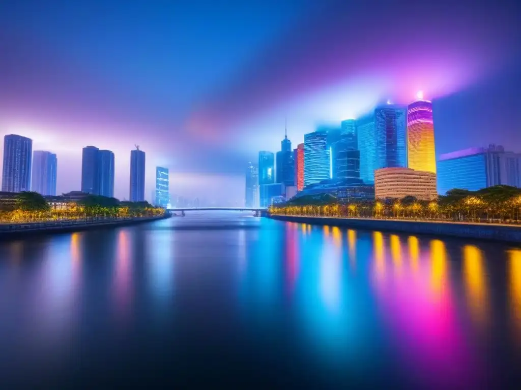 Horizonte nocturno: luces y arquitectura en la ciudad vibrante Luces brillantes iluminan la ciudad moderna de noche, reflejándose en el río
