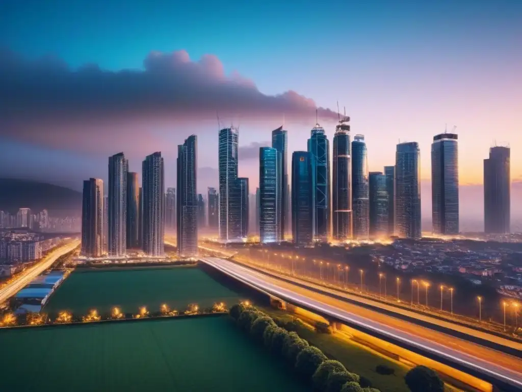 Horizonte urbano moderno: luces y prosperidad en el mercado inmobiliario Luces brillantes en el horizonte urbano moderno al anochecer, reflejo de opciones de salida mercado inmobiliario