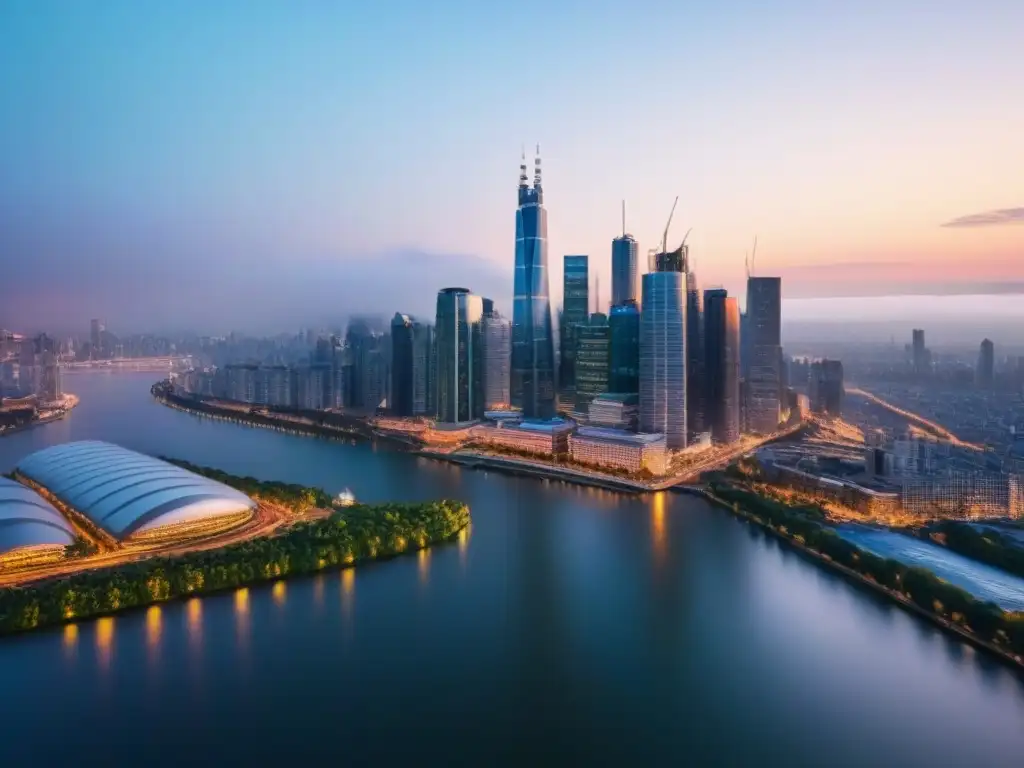 Espléndida vista aérea de ciudad moderna al atardecer Luces brillantes en un horizonte urbano moderno al anochecer, reflejando opciones de financiamiento para inversionistas