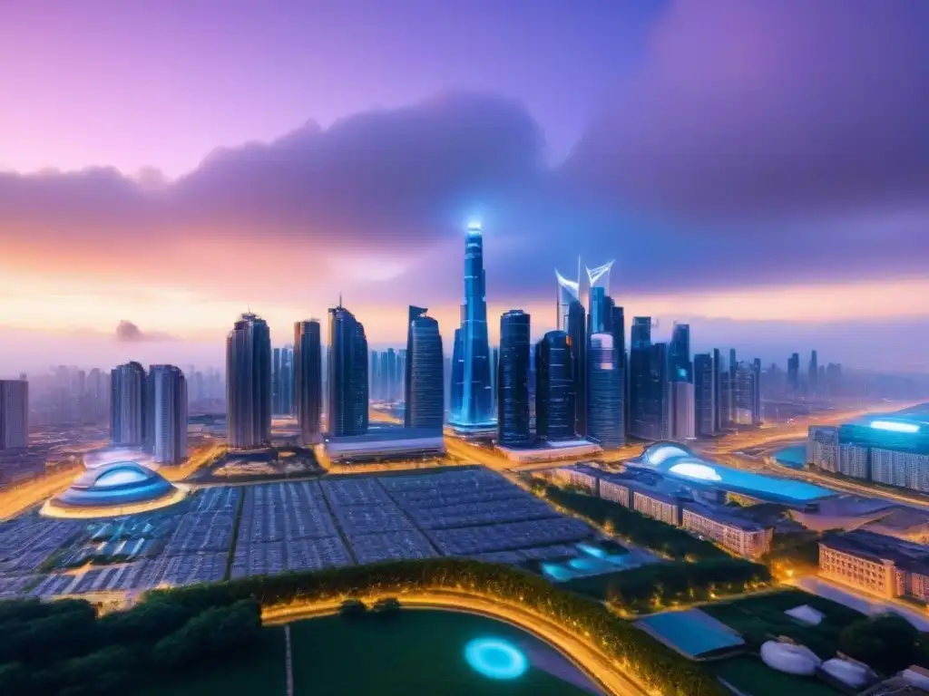 Skyline futurista de smart city en 8k: tecnología en vivo Luces brillantes de sensores IoT en una ciudad futurista al anochecer, reflejando la recuperación del mercado inmobiliario postpandemia IoT