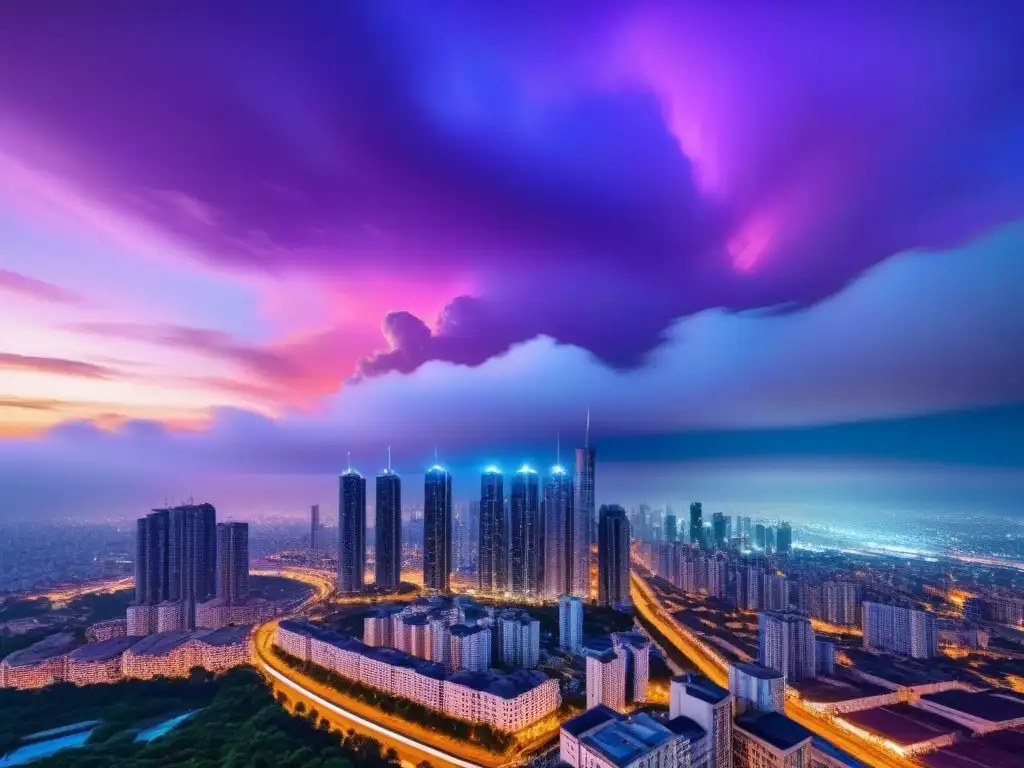 Vista urbana al atardecer: rascacielos iluminados en skyline moderno Luces de la ciudad brillan en el atardecer sobre rascacielos modernos, reflejando el impacto inflación precios propiedades internacionales