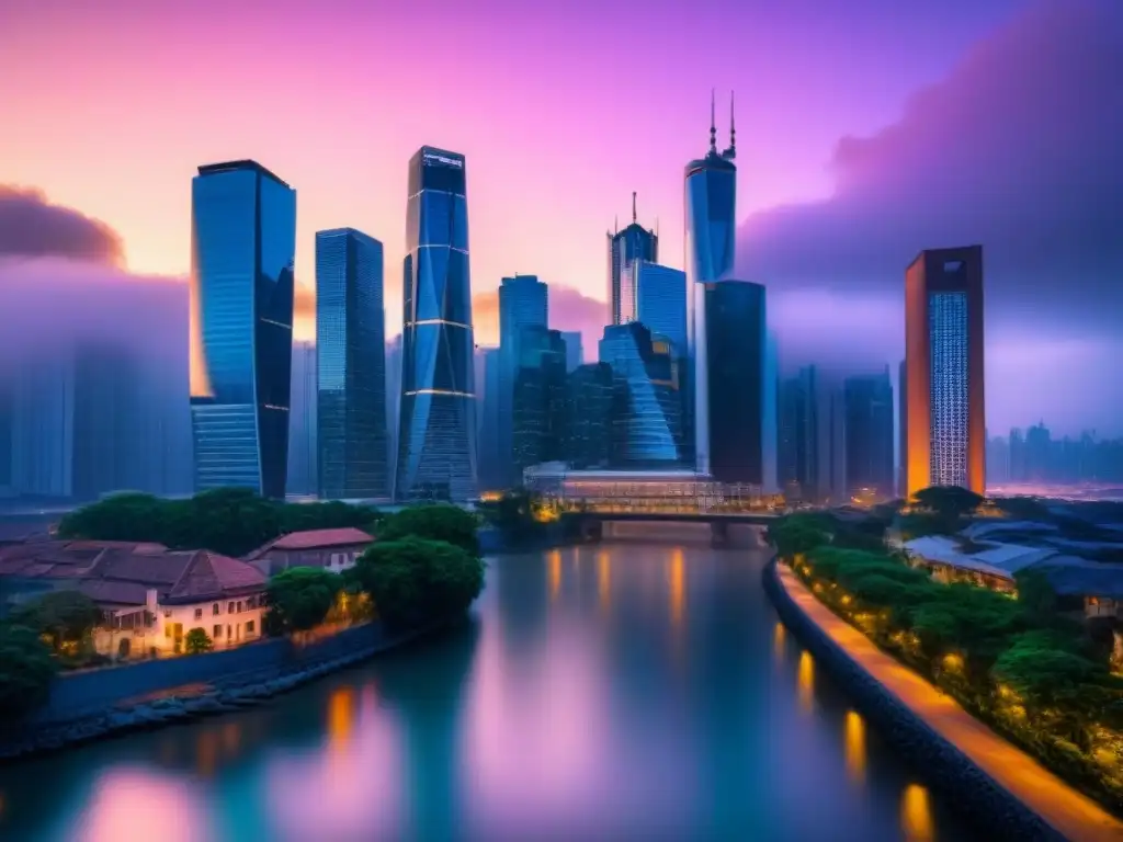 Oportunidades de inversión en bienes raíces: Ciudad moderna al anochecer Luces de la ciudad al atardecer sobre río sereno, simbolizando oportunidades en Inversiones internacionales mercado inmobiliario