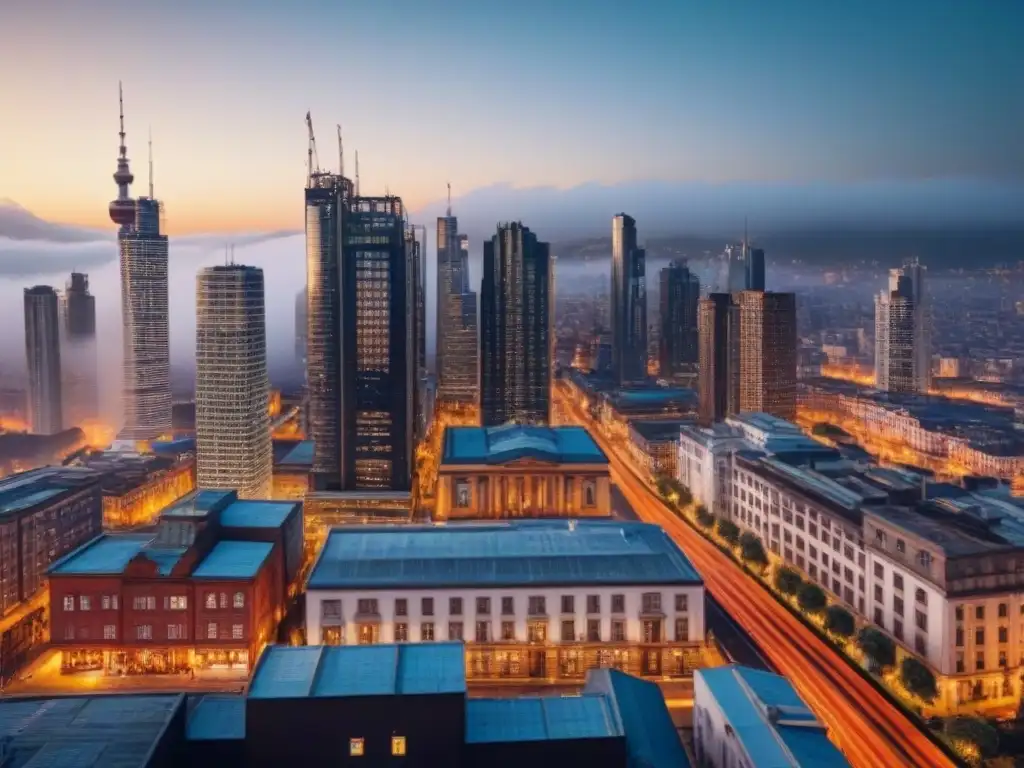 Contraste arquitectónico en metrópolis: inversión inmobiliaria global Luces de la ciudad en contraste, reflejo de la inversión en el mercado inmobiliario