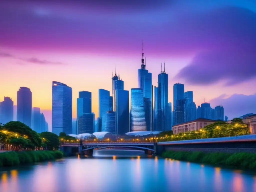 Vibrante skyline urbano: paisaje 8k de ciudad moderna al anochecer Fusión de luces en la ciudad al anochecer, reflejadas en el río, simbolizando el mercado inmobiliario internacional