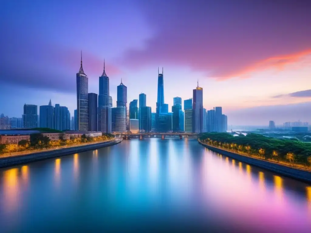 Horizonte urbano moderno: inversión inmobiliaria en metrópolis vibrante Luces de la ciudad al anochecer sobre río tranquilo