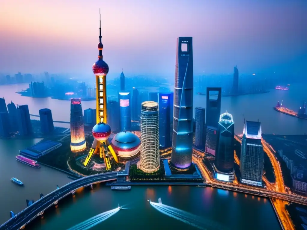 Espléndida vista aérea del skyline de Shanghai al anochecer Luces de la ciudad de Shanghái brillando en el río Huangpu al anochecer, mezclando arquitectura tradicional y moderna