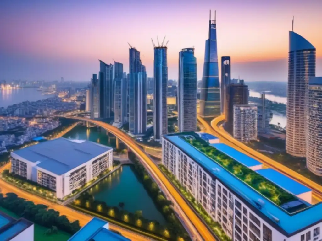 Skyline urbano: luces y contrastes en la ciudad moderna Las luces de la ciudad se mezclan con la tranquilidad de un complejo residencial de lujo
